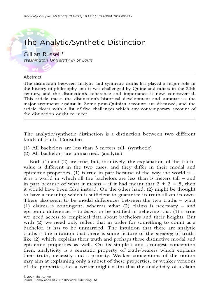 The AnalyticSynthetic Distinction PDF Truth Logic