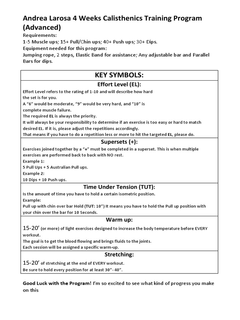 ENG Larosa 4 Weeks Calisthenics Training Program Advanced PDF ...