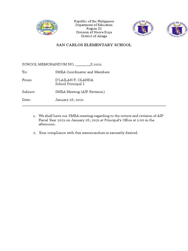 SMEA Committee School Memo Minutes of Meeting | PDF | Government ...