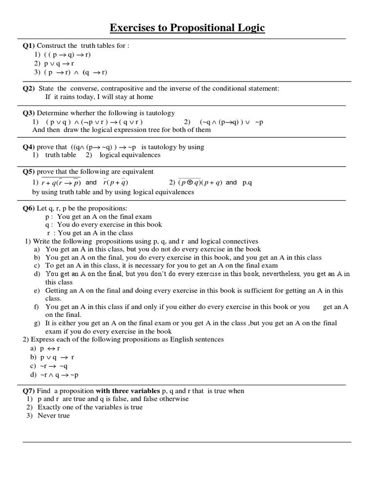 Exercises To Propositional Logic | PDF | Teaching Mathematics | Boolean ...