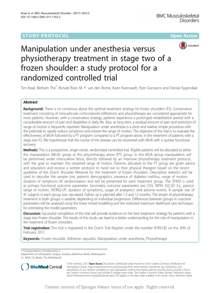 Manipulation Under Anesthesia Versus Physiotherapy Treatment in Stage