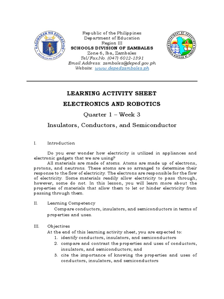 Learning Activity Sheet Electronics and Robotics Quarter 1 Week 3
