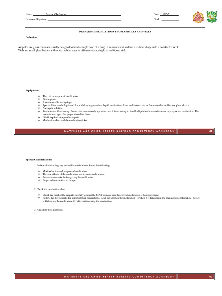 Preparing Meds From Ampules and Vials PDF Syringe Dose (Biochemistry)