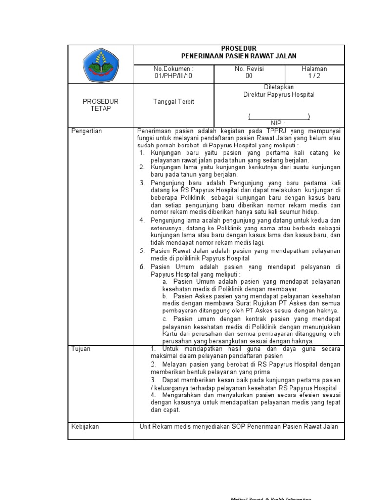  Contoh Sop Rekam Medis  Rumah Sakit Berbagai Rumah