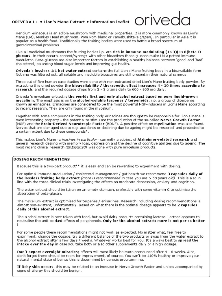 ORIVEDA L+ Lion's Mane Extract Information Leaflet PDF Dose