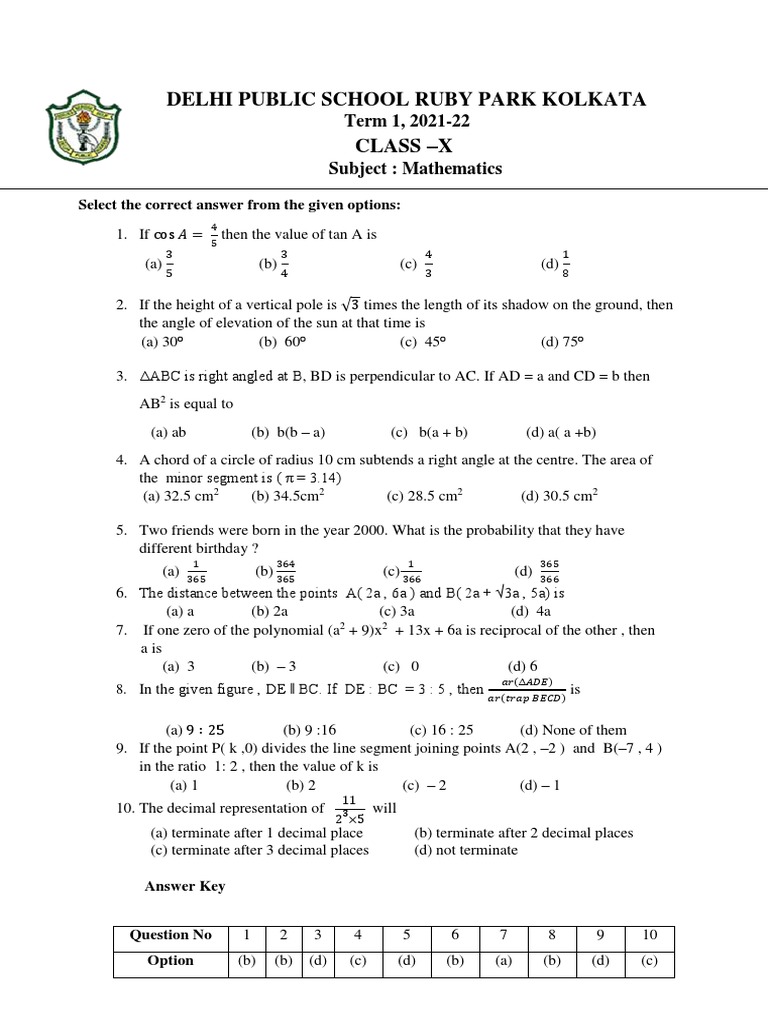 Class X Maths Term 1 Question Paper | PDF | Circle | Mathematics