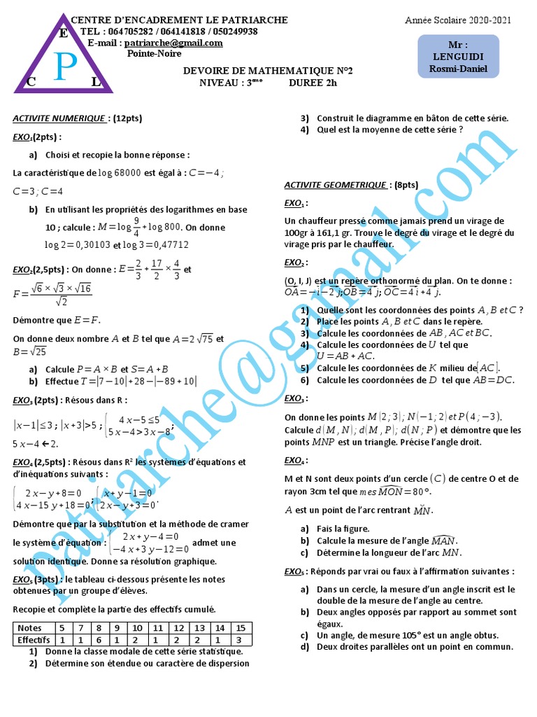 DEVOIRE DE MATHEMATIQUE N°2 Semi Trimestrielle | PDF | Mathématiques ...