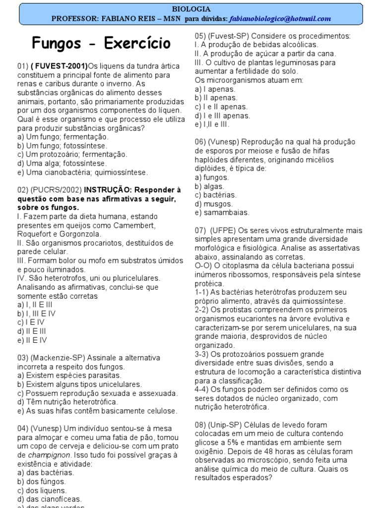 Exercícios sobre Fungos e Liquens | PDF | Fungo | Algas