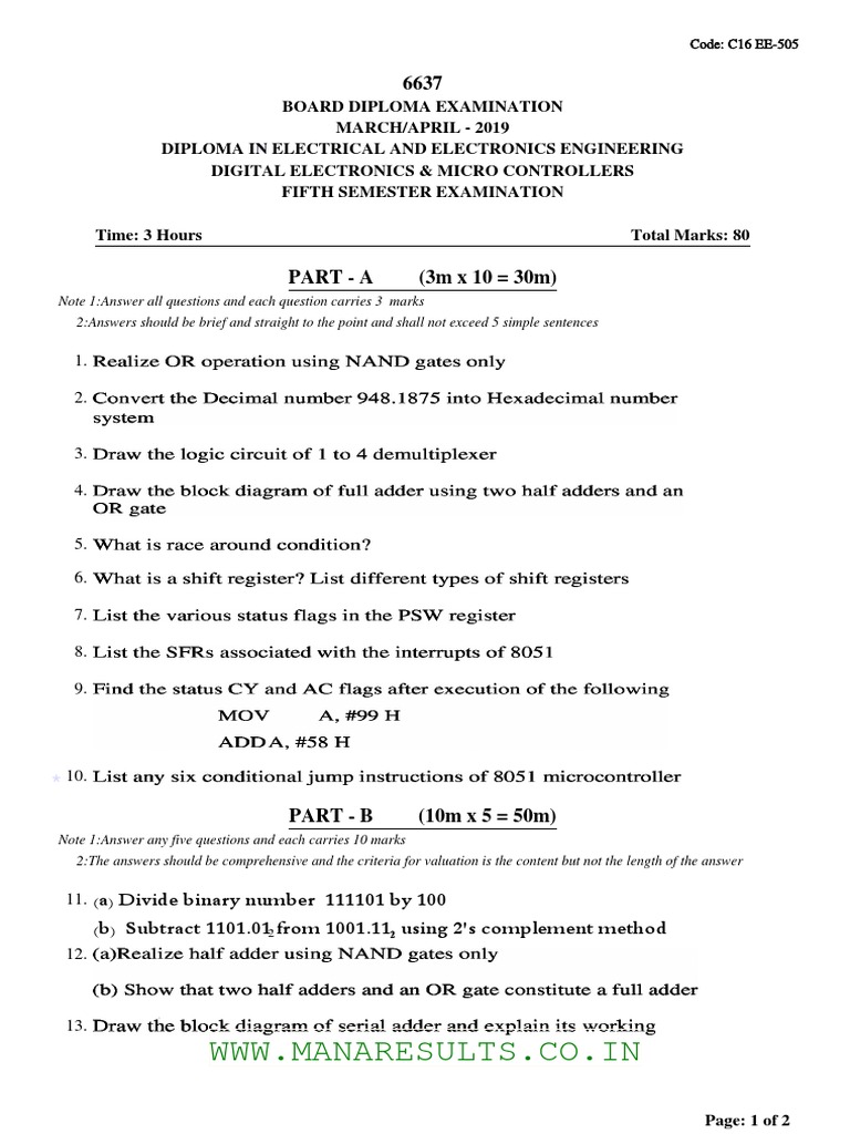 Digital Electronics Question Paper PDF