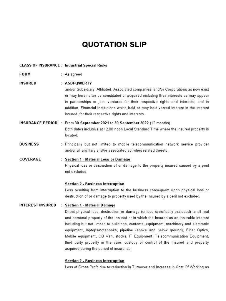 Quotation Slip Industrial Special Risk PDF Insurance Deductible