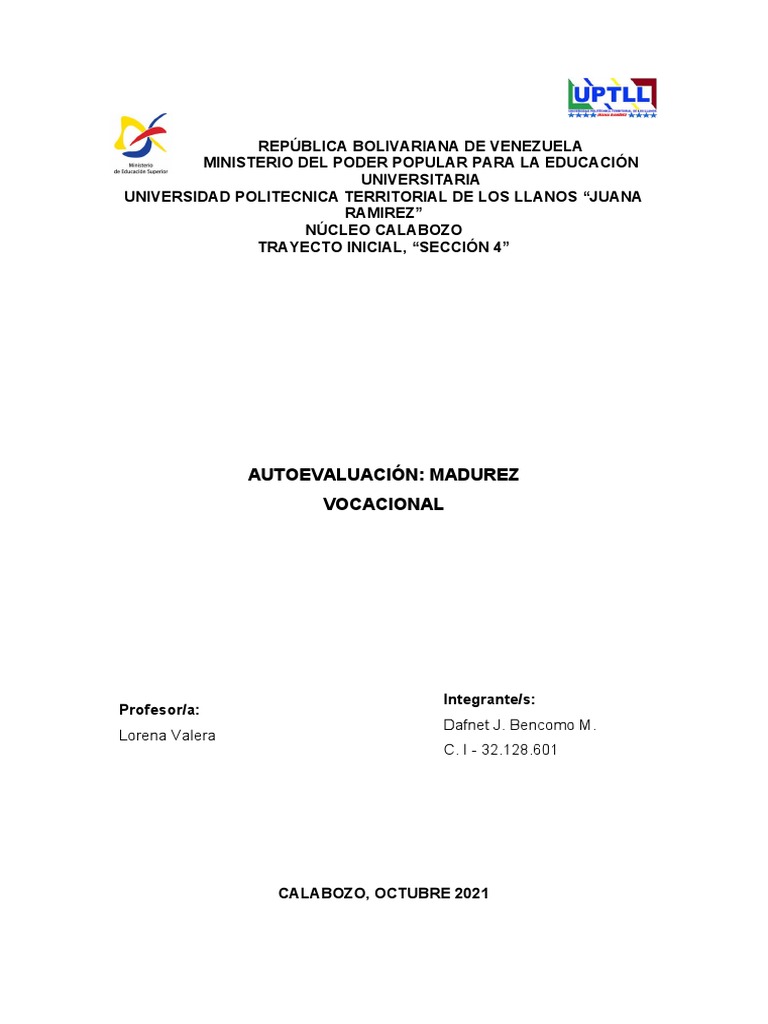 Autoevaluacion Madurez Vocacional | PDF | Adultos | Toma de decisiones