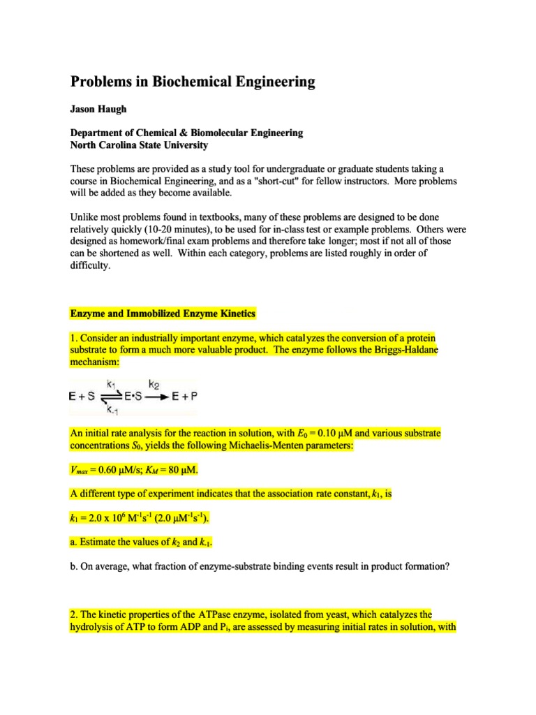 Biochemical Engineering Problem Set | PDF | Enzyme | Chemistry
