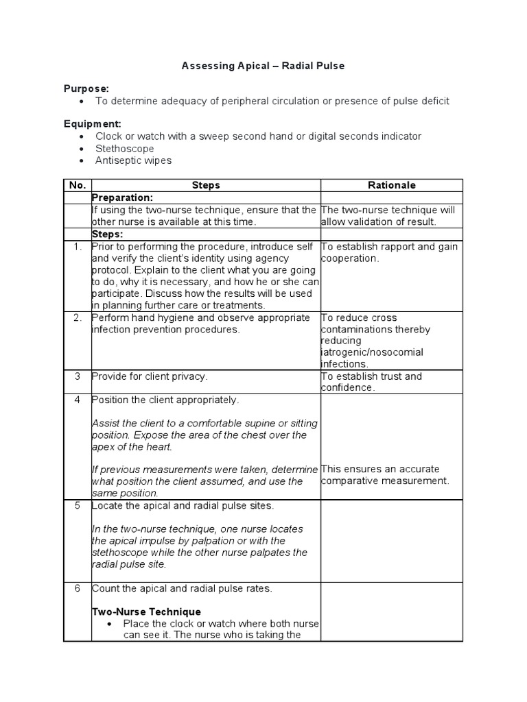 Apical-Radial Pulse Assessment Guide | PDF | Pulse | Clinical Medicine
