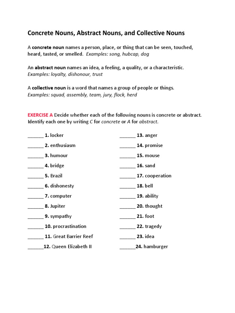 Concrete Nouns, Abstract Nouns, and Collective Nouns: Examples: Loyalty ...