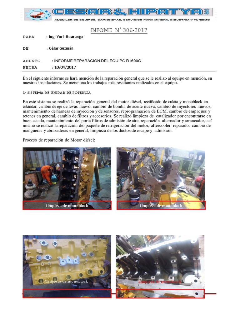 Informe de Reparación R1600G | PDF | Transmisión (Mecánica) | Inyección ...