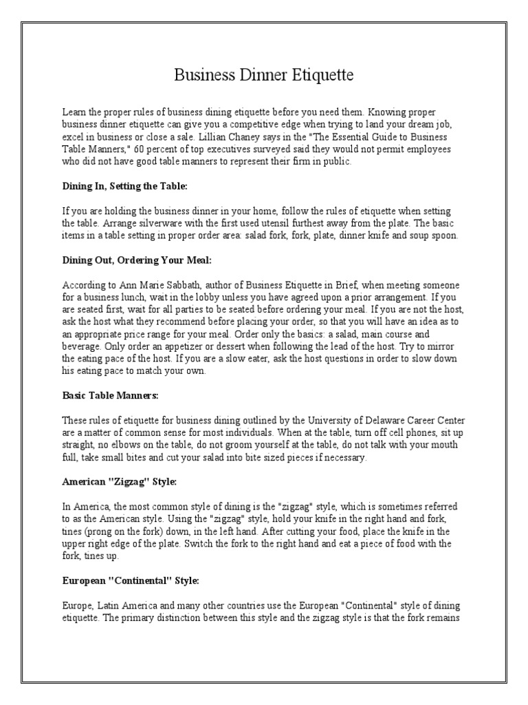 Business dinner etiquette dining in setting the table pdf cooking