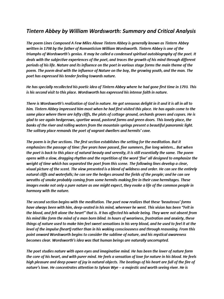 Tintern Abbey Summary And Analysis Pdf William Wordsworth Mind