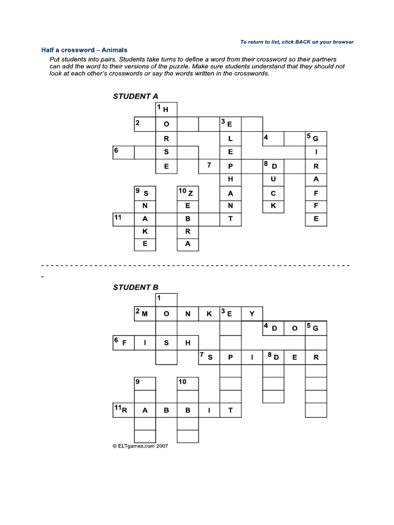 A2 Half A Crossword Animals PDF