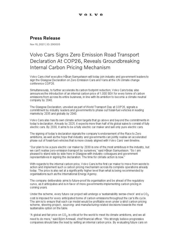 Volvo Cars Commits to Zero Emissions | PDF | Climate Change Mitigation ...
