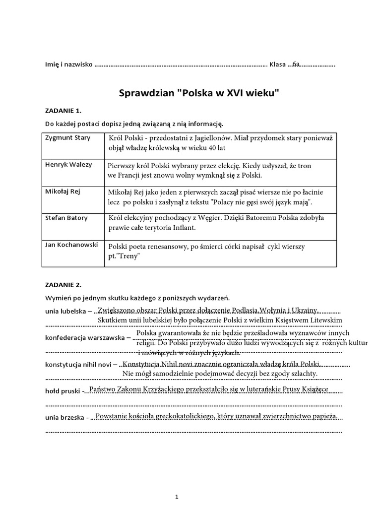 Polska W Xvi Wieku Sprawdzian Klasa 6