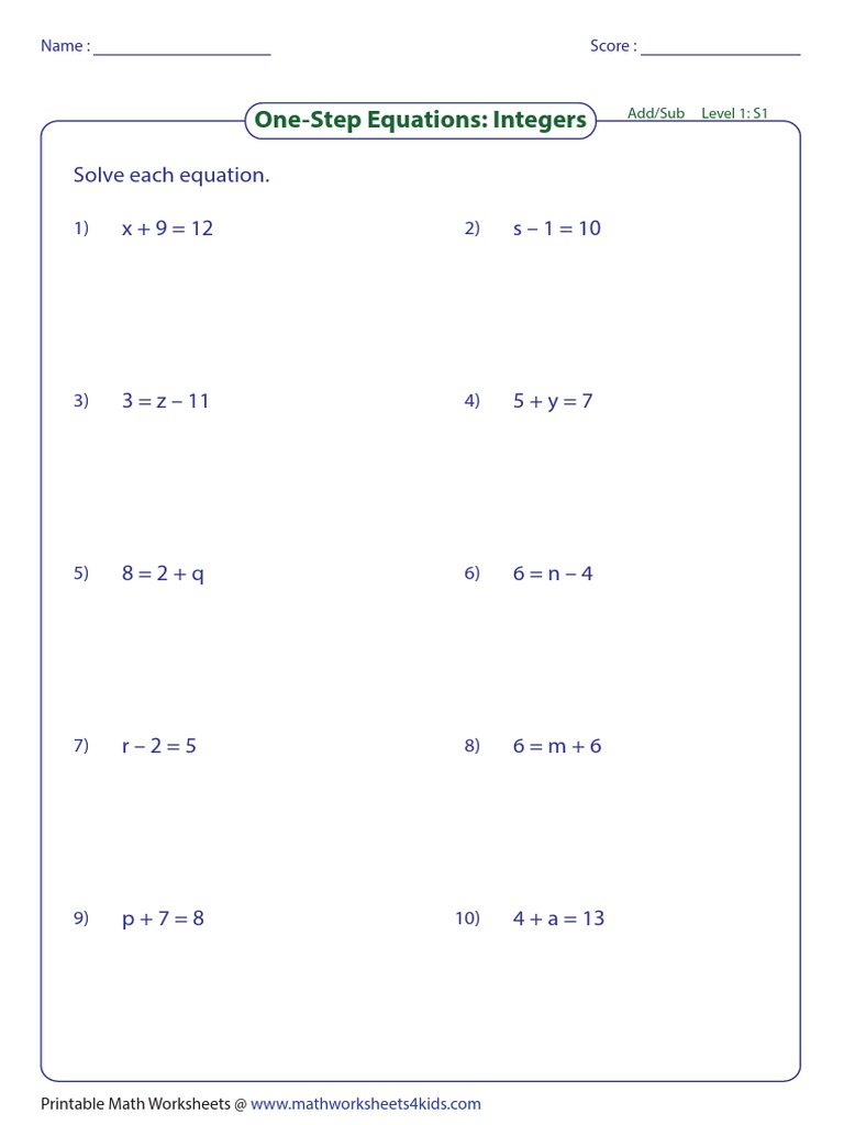 OneStep Equations Integers Solve Each Equation PDF Mathematics Mathematical Objects