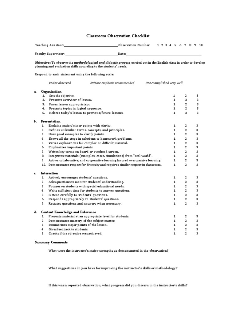 English Class Observation Checklist | PDF | Neuropsychological ...