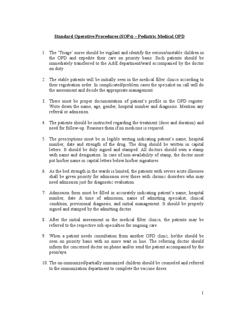 Pediatric OPD Standard Operating Procedures | PDF | Medical Diagnosis ...