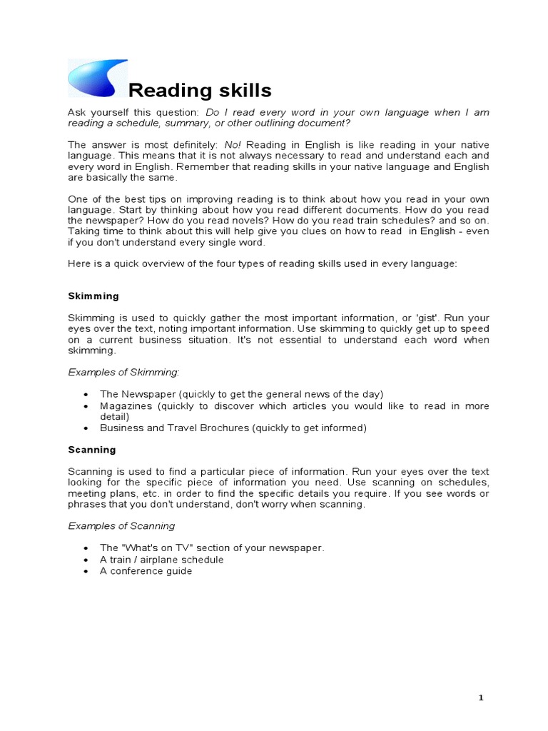 Reading Skills Reading A Schedule, Summary, or Other Outlining