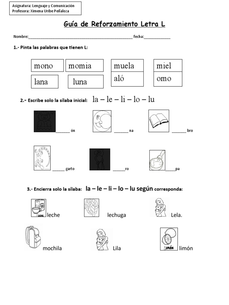 Guia de Reforzamiento Letra L | PDF | Artes del Lenguaje y Comunicación