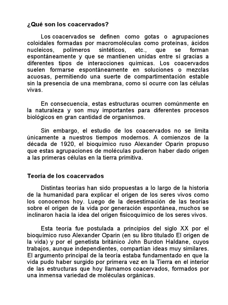 Coacervados: Origen y Teoría | PDF | Organismos | Abiogénesis