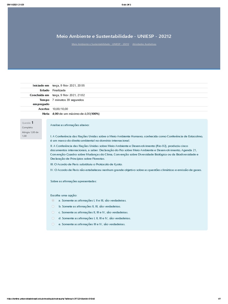 Quiz (N1) - Meio Ambiente e Sustentabilidade, PDF, Sustentabilidade