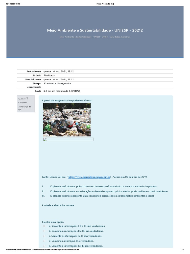 Provas e Quiz - Meio Ambiente e Sustentabilidade, PDF, Sustentabilidade
