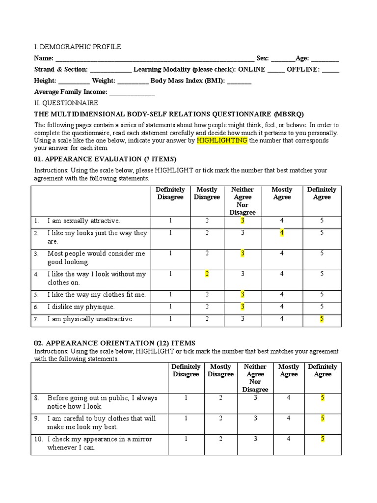Self Report Questionnaire MULTIDIMENSIONAL BODY SELF RELATIONS QUESTIONNAIRE PDF Physical