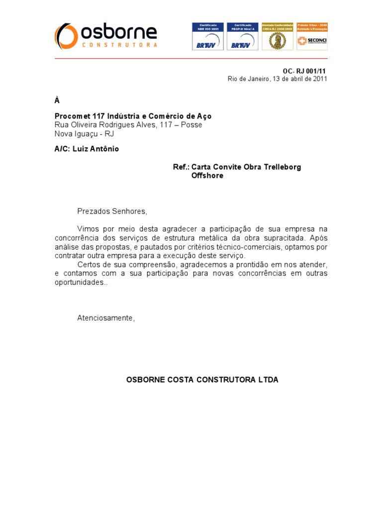 Carta Agradecimento Trelleborg Offshore