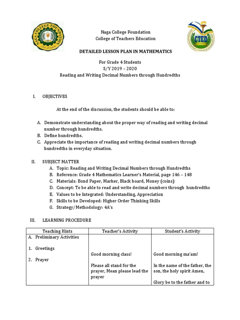 Grade 4 Decimal Reading Lesson Plan | PDF | Lesson Plan | Teachers