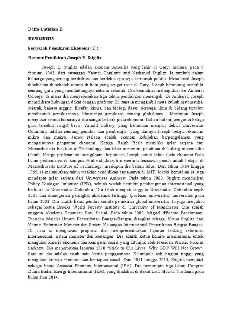 Resume Pemikiran Joseph E Stiglitz Pdf Politik Ilmu Sosial
