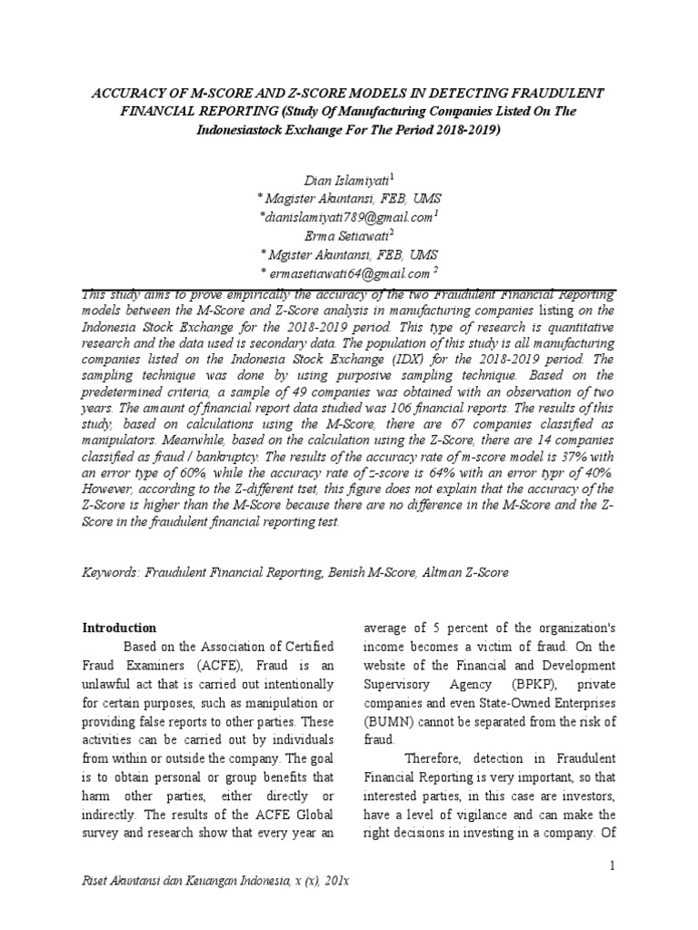 Accuracy Of M Score And Z Score Models In Detecting Fraudulent Financial Reporting Study Of Manufacturing Companies Listed On The Indonesiastock Exchange For The Period 2018 2019 Pdf Fraud Revenue
