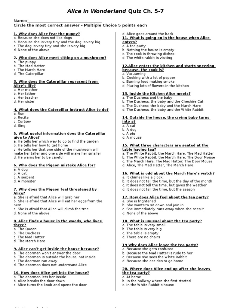 Alice in Wonderland Quiz Ch. 57 Alice's Adventures In Wonderland