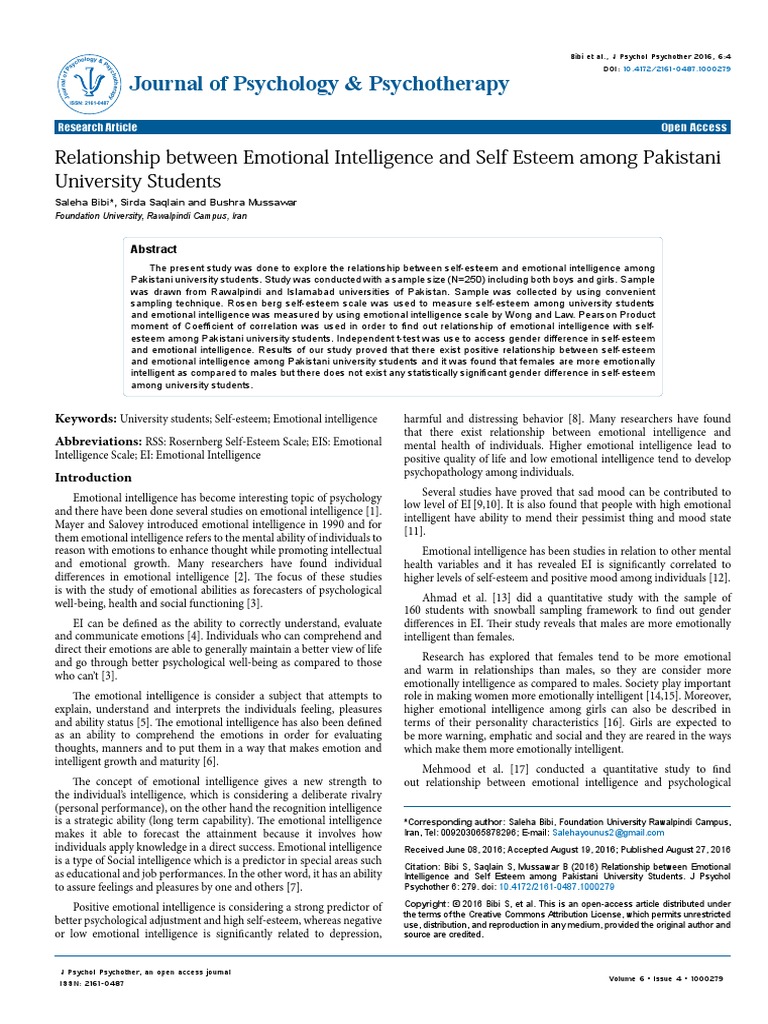 Relationship Between Emotional Intelligence and Self Esteem Among ...