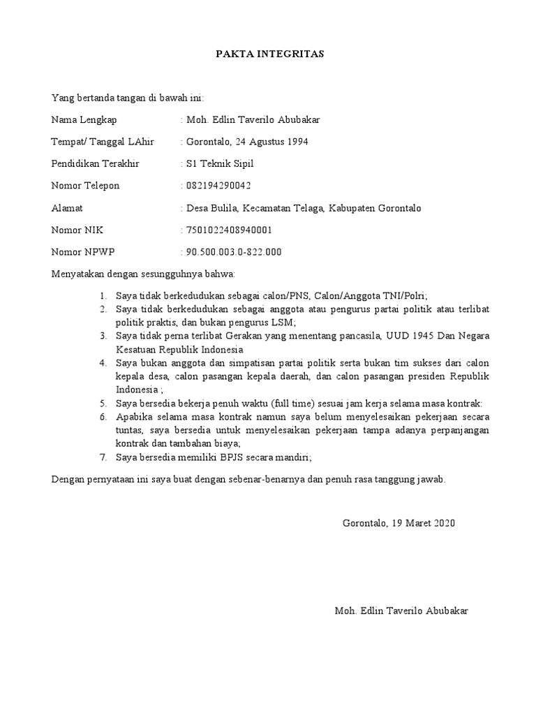 Contoh Pakta Integritas PNS 2020 | PDF