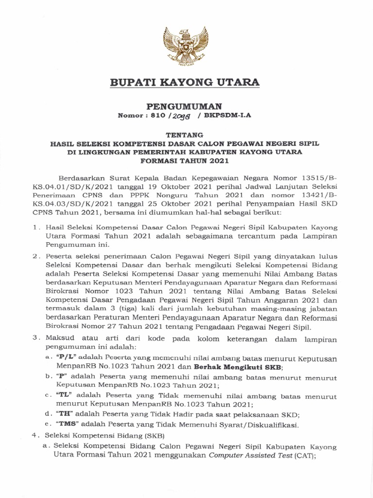 Pengumuman bupati kayong utara tentang hasil skd cpns formasi tahun