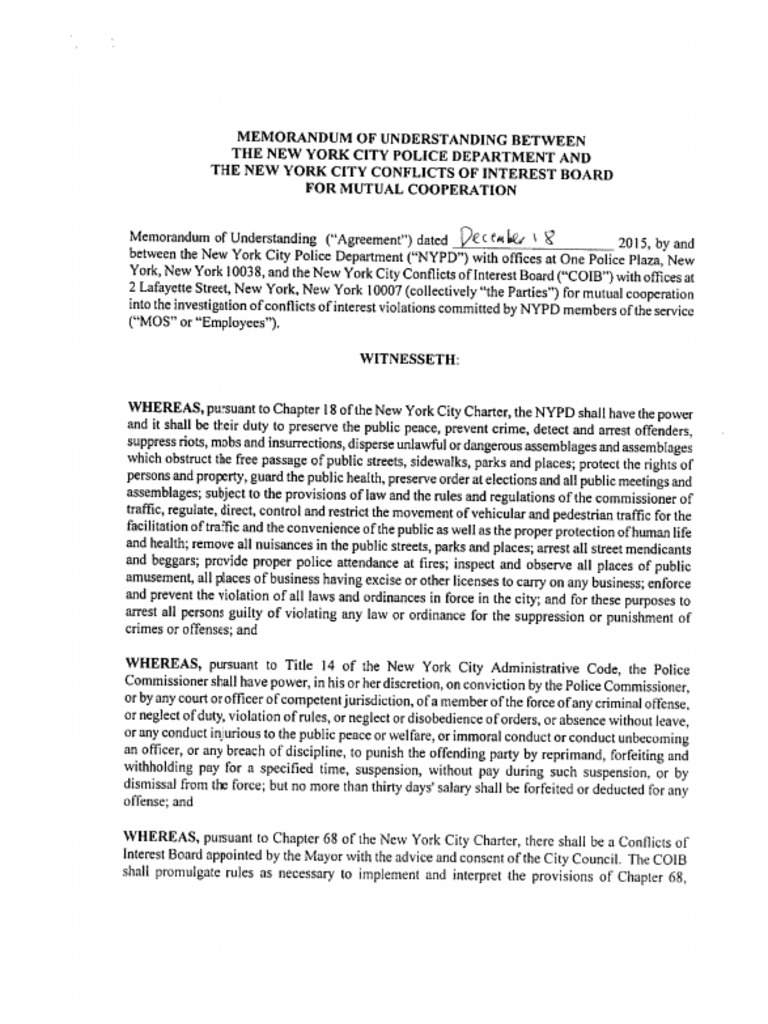 December 18, 2015 Memorandum of Understanding Between The NYC