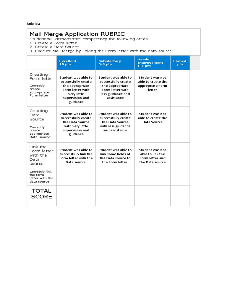 Mail Merge Application RUBRIC: Creating Form Letter | PDF