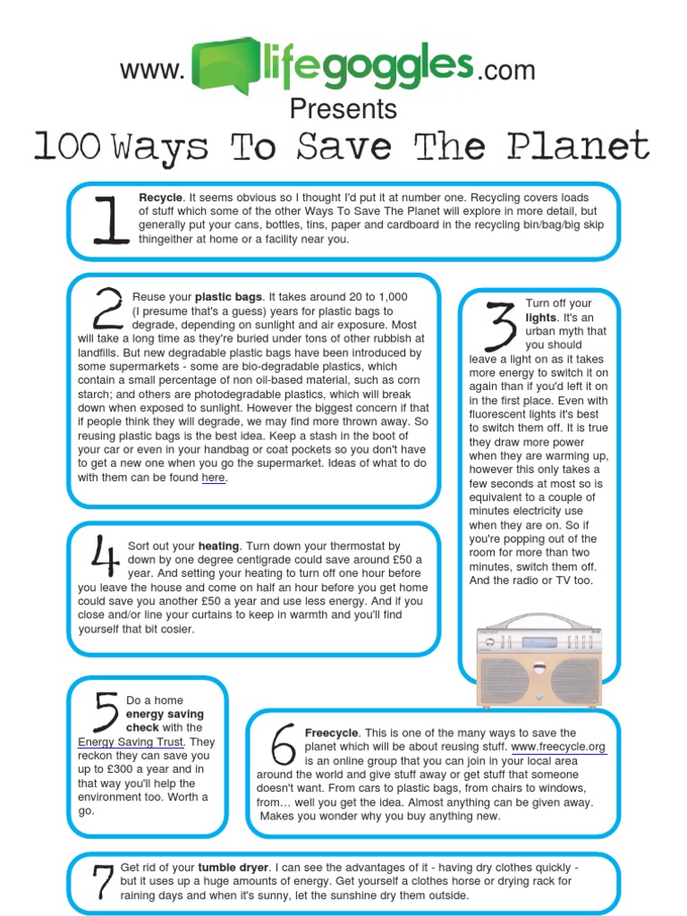 100 Ways to Save the Planet | PDF | Washing Machine | Recycling