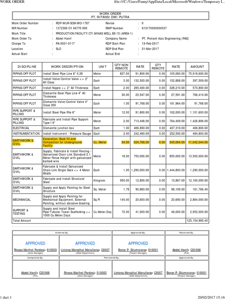 Engineering Work Order Summary | PDF | Concrete | Pipe (Fluid Conveyance)