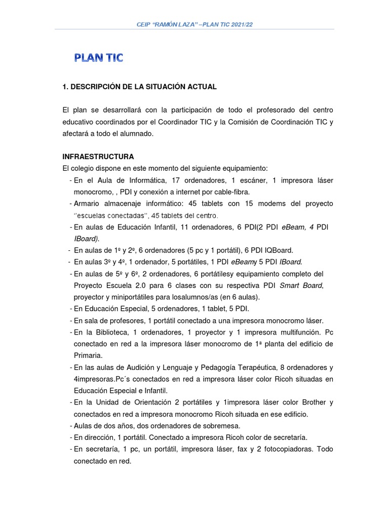 Plan Tic 2021 - 22 | PDF | Educación primaria | Salón de clases