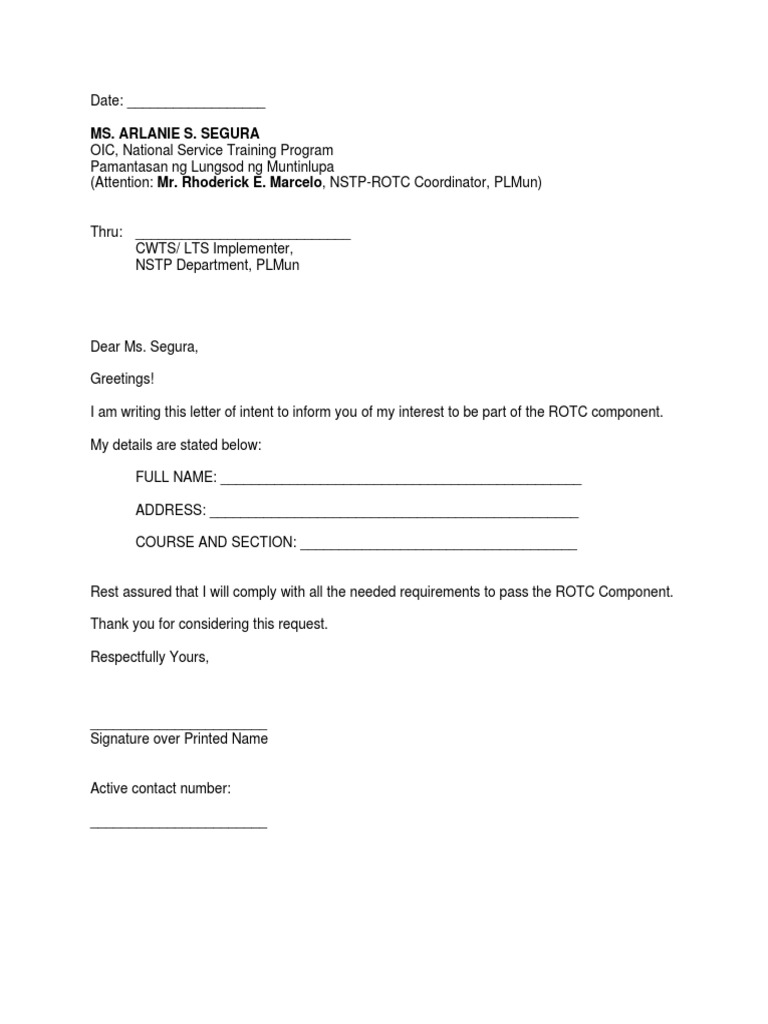 ROTC Letter of Intent Template | PDF | Career & Growth