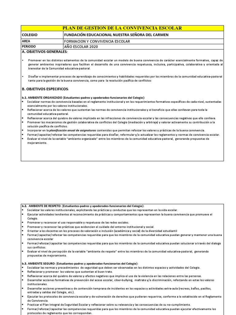 Plan de Gestion de La Convivencia Escolar 2020 | PDF | Sicología ...