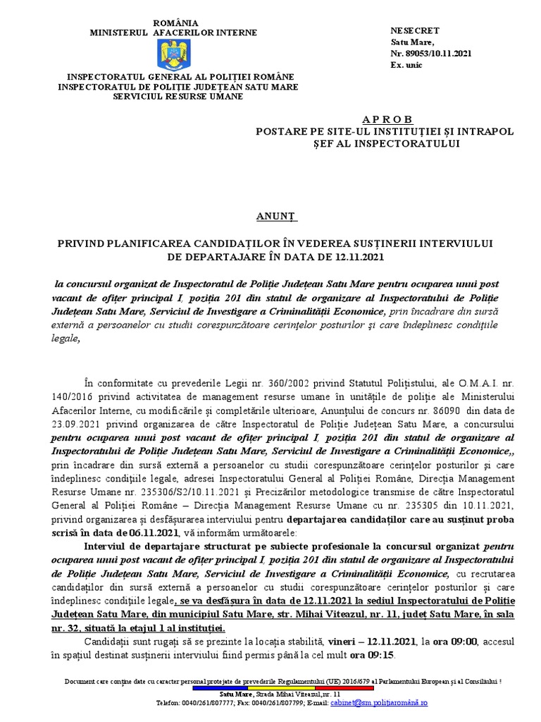 ANUNT Planificare Interviu Departajare Concurs Ocupare Posturi Vacante ...