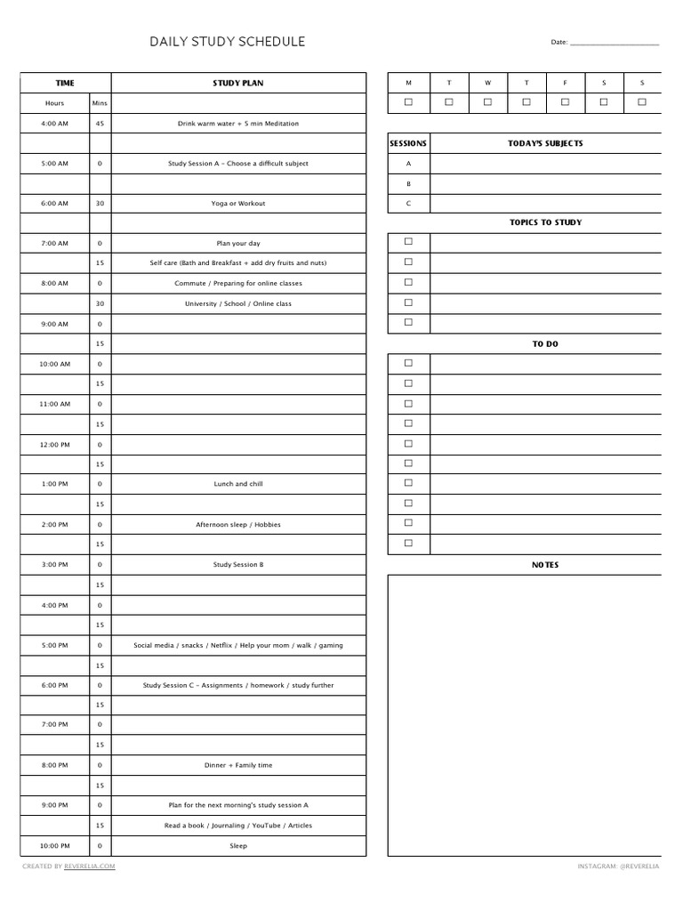 Daily Study Schedule Template | PDF | Food And Drink